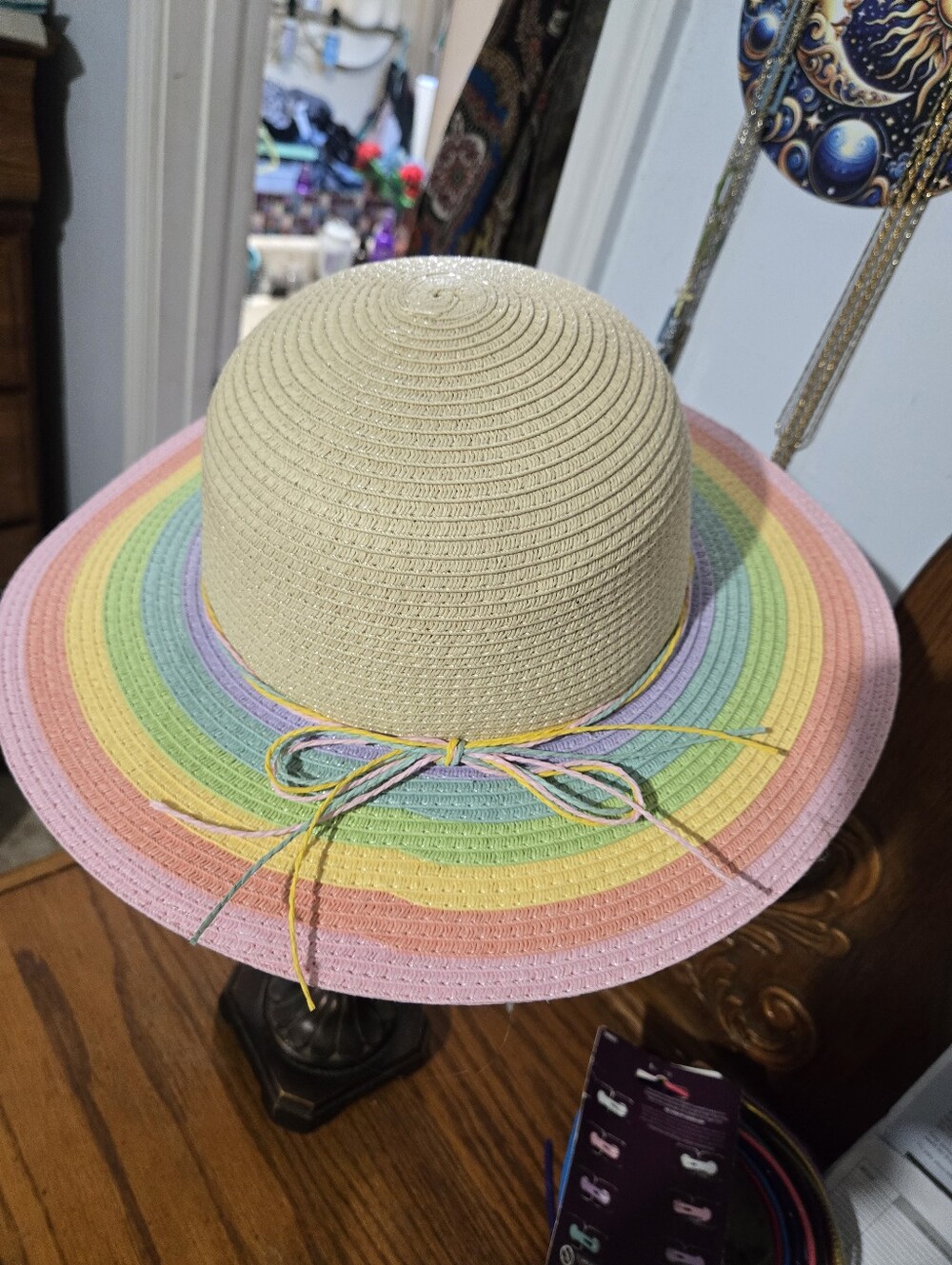 Rainbow Brim Sun Hat - Beige with Pastel Rainbow